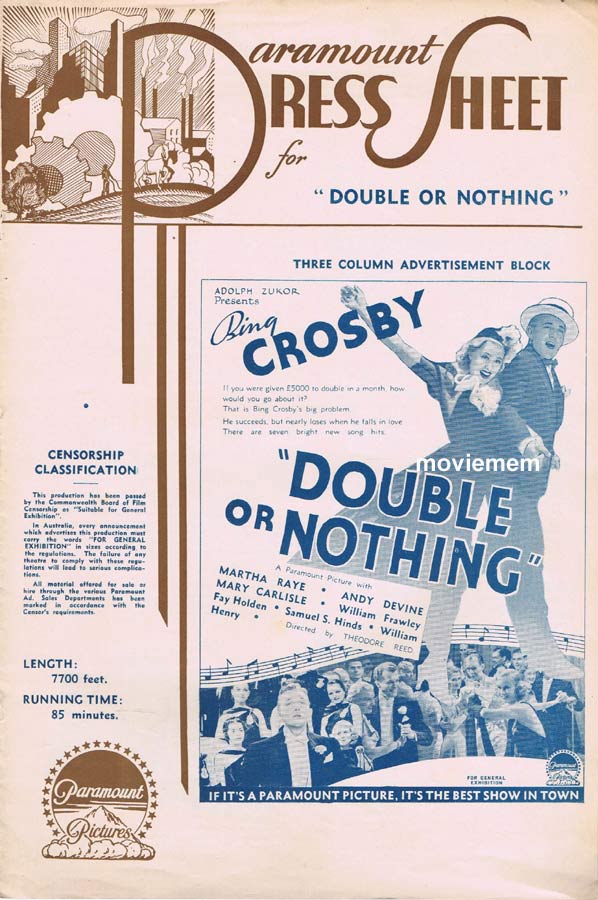 DOUBLE OR NOTHING Rare AUSTRALIAN Movie Press Sheet Bing Crosby Martha Raye 1937