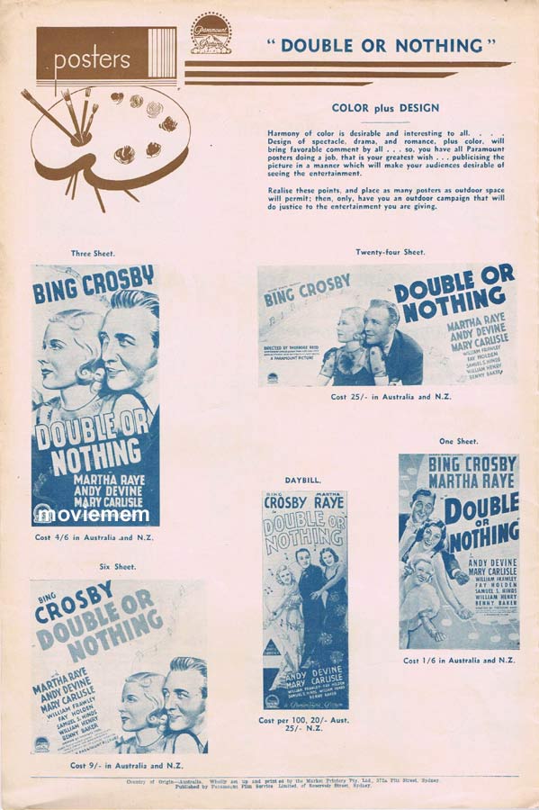 DOUBLE OR NOTHING Rare AUSTRALIAN Movie Press Sheet Bing Crosby Martha Raye 1937