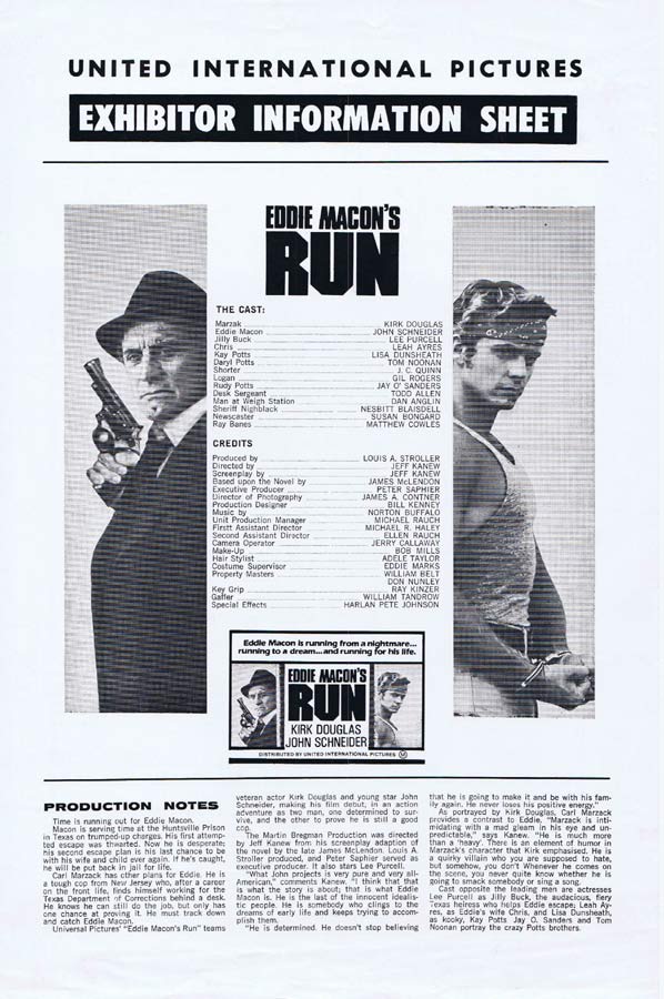 EDDIE MACON’S RUN Rare AUSTRALIAN Movie Press Sheet Kirk Douglas John Schneider