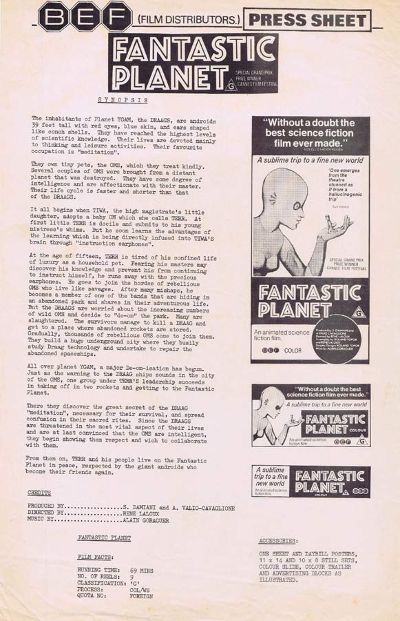 FANTASTIC PLANET Rare AUSTRALIAN Movie Press Sheet René Laloux