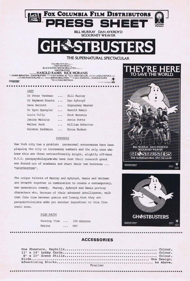 GHOSTBUSTERS Rare AUSTRALIAN Movie Press Sheet Bill Murray Dan Aykroyd