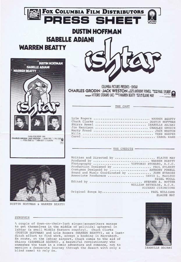 ISHTAR Rare AUSTRALIAN Movie Press Sheet Dustin Hoffman Warren Beatty