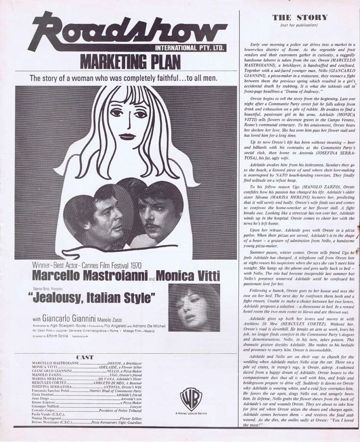 JEALOUSY ITALIAN STYLE Rare AUSTRALIAN Movie Press Sheet Marcello Mastroianni