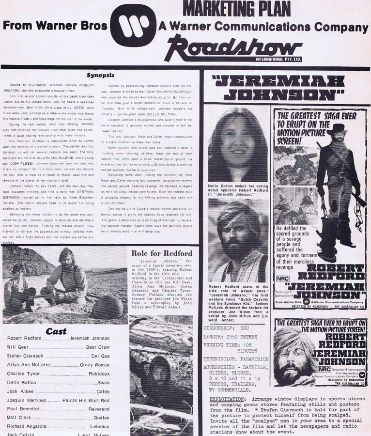 JEREMIAH JOHNSON Rare AUSTRALIAN Movie Press Sheet Robert Redford