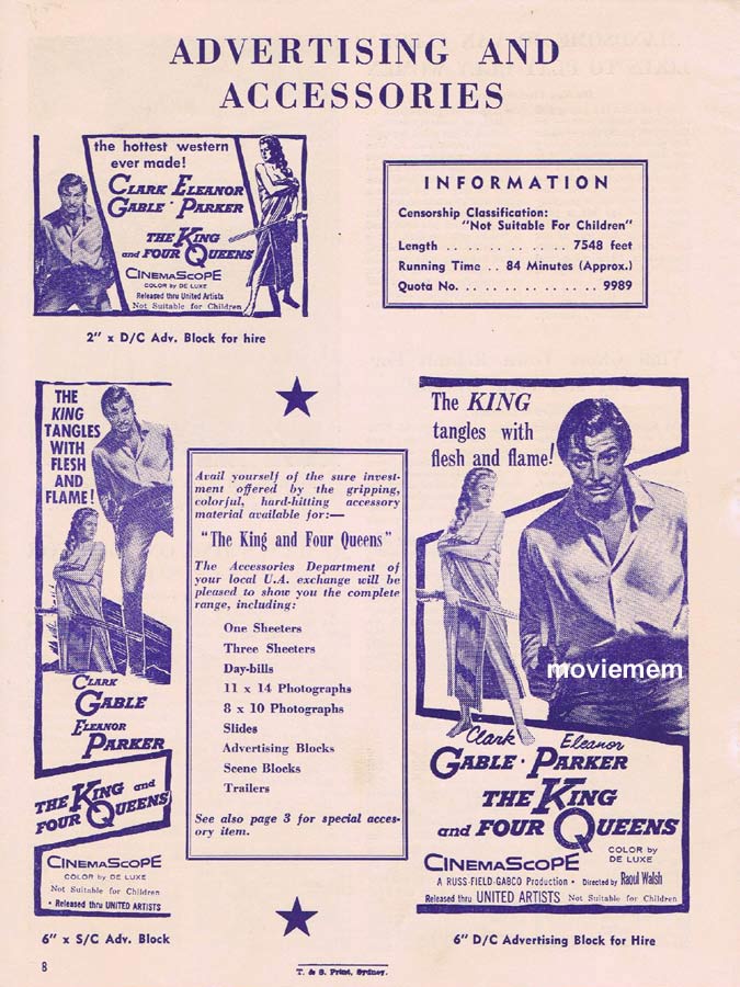 THE KING AND FOUR QUEENS Rare AUSTRALIAN Movie Press Sheet Clark Gable Eleanor Parker