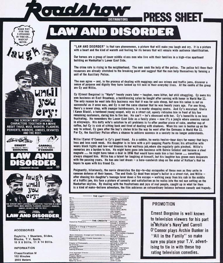 LAW AND DISORDER Rare AUSTRALIAN Movie Press Sheet Ernest Borgnine