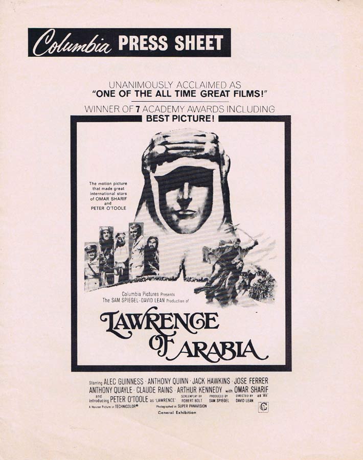 LAWRENCE OF ARABIA Rare AUSTRALIAN Movie Press Sheet Omar Sharif Peter O’Toole
