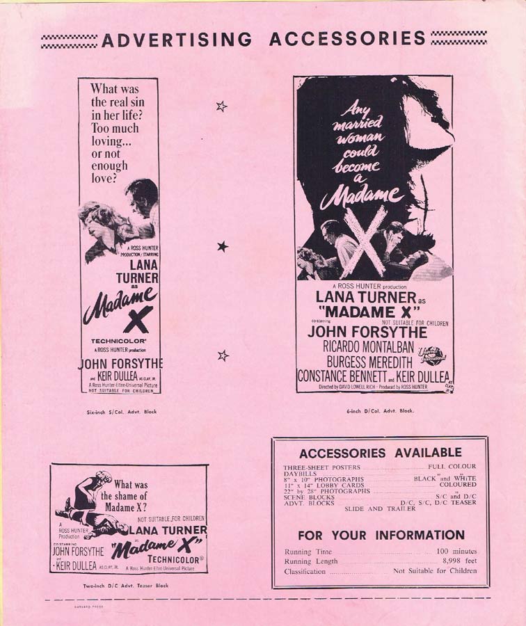 MADAME X Rare AUSTRALIAN Movie Press Sheet Lana Turner