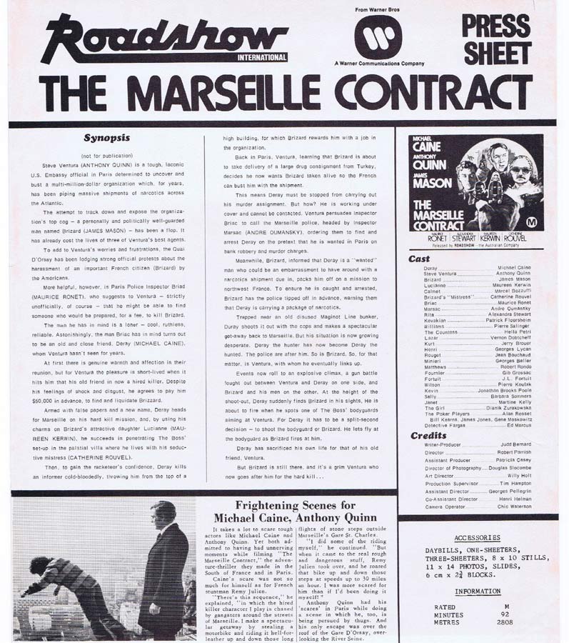 THE MARSEILLE CONTRACT Rare AUSTRALIAN Movie Press Sheet Michael Caine