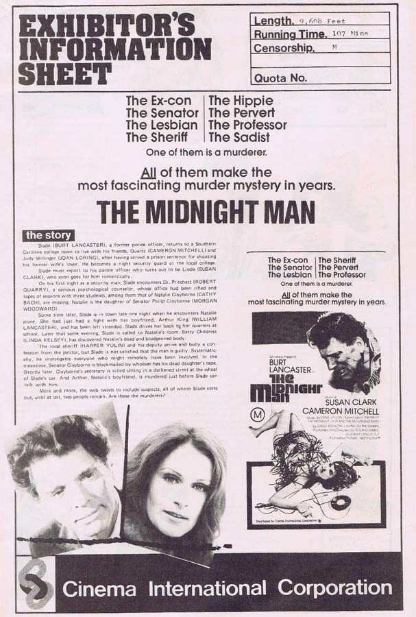 THE MIDNIGHT MAN Rare AUSTRALIAN Movie Press Sheet Burt Lancaster Susan Clark