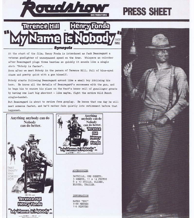 MY NAME IS NOBODY Rare AUSTRALIAN Movie Press Sheet Terence Hill