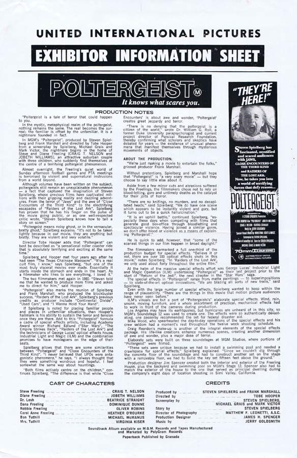 POLTERGEIST Rare AUSTRALIAN Movie Press Sheet JoBeth Williams
