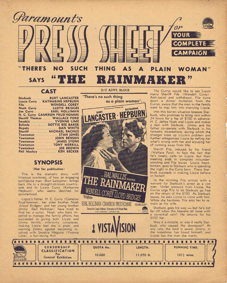 THE RAINMAKER Rare AUSTRALIAN Movie Press Sheet Burt Lancaster Katharine Hepburn