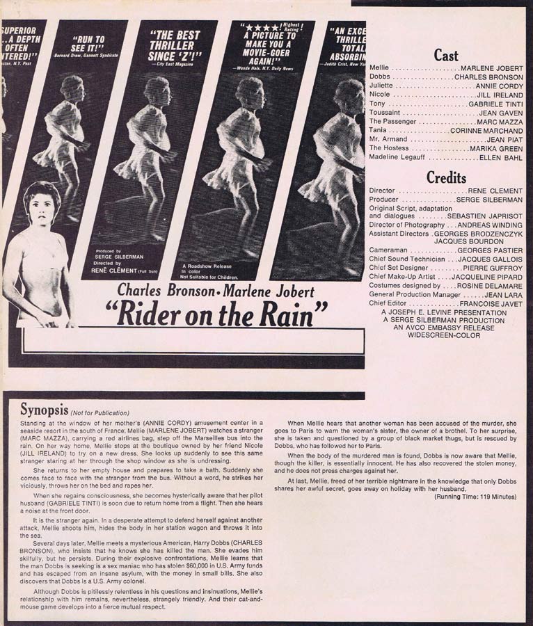 RIDER ON THE RAIN Rare AUSTRALIAN Movie Press Sheet Marlène Jobert Charles Bronson
