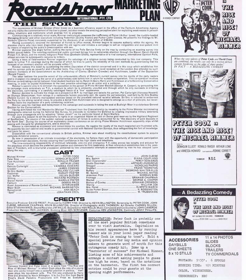 THE RISE AND RISE OF MICHAEL RIMMER Rare AUSTRALIAN Movie Press Sheet Peter Cook