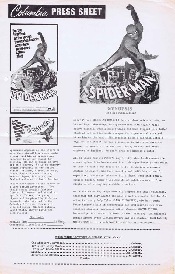 SPIDER-MAN Rare AUSTRALIAN Movie Press Sheet Nicholas Hammond
