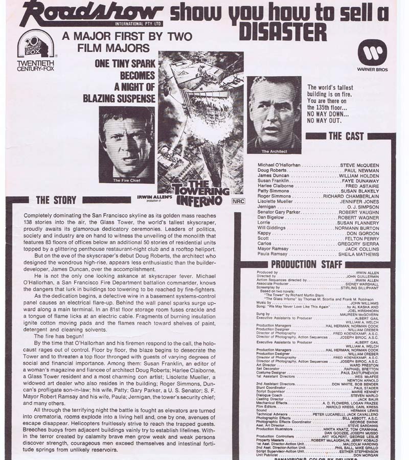 THE TOWERING INFERNO Rare AUSTRALIAN Movie Press Sheet Steve McQueen Paul Newman