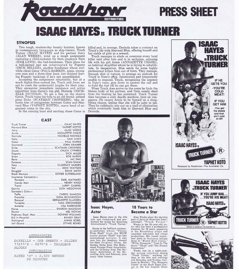 TRUCK TURNER Rare AUSTRALIAN Movie Press Sheet Isaac Hayes