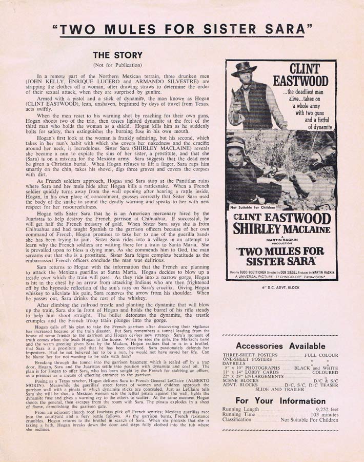 TWO MULES FOR SISTER SARA Rare AUSTRALIAN Movie Press Sheet Clint Eastwood Shirley MacLaine