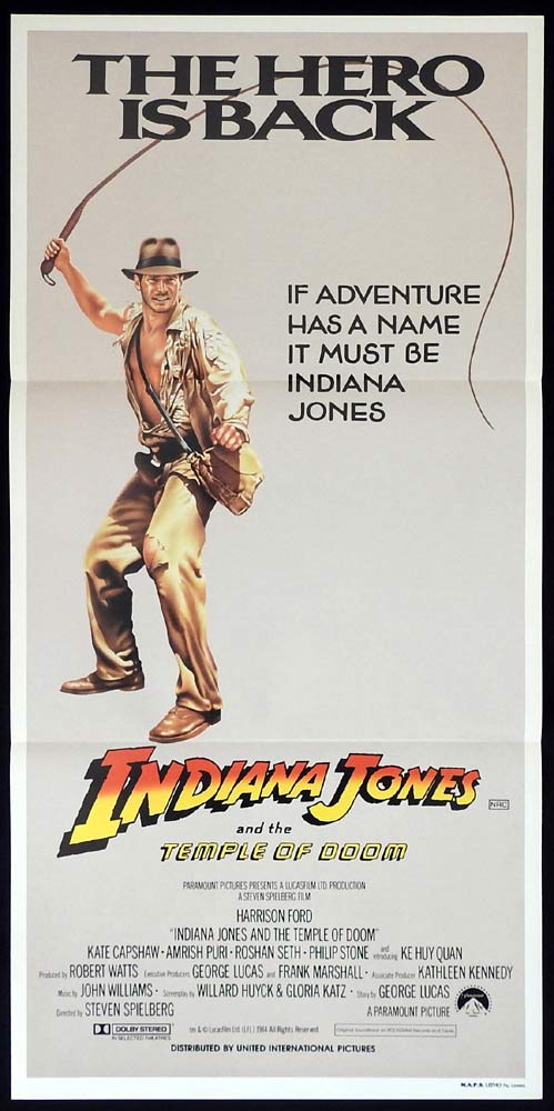 INDIANA JONES AND THE TEMPLE OF DOOM Original daybill Movie poster Hero is Back