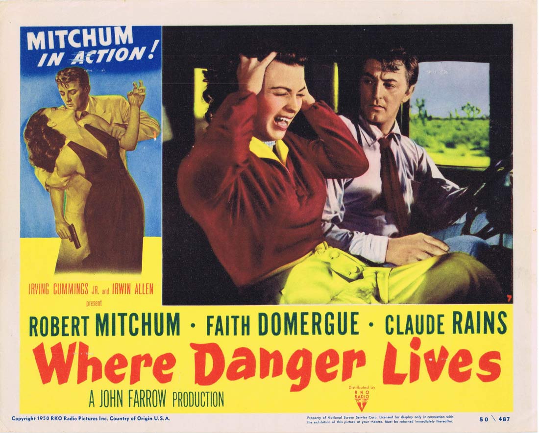 WHERE DANGER LIVES Original Lobby Card 7 Robert Mitchum Faith Domergue Film Noir