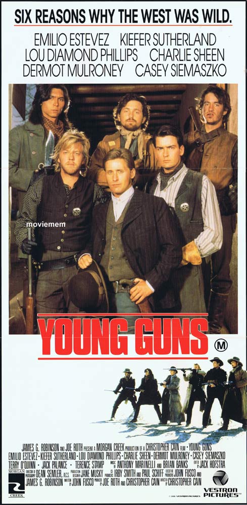 YOUNG GUNS Original Daybill Movie poster Emilio Estevez Kiefer Sutherland Charlie Sheen