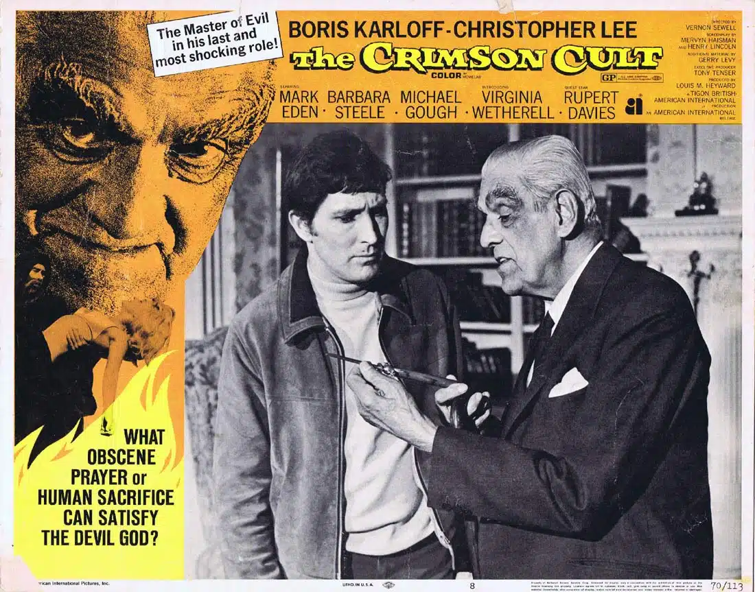 THE CRIMSON CULT Original US Lobby Card 8  Christopher Lee Boris Karloff