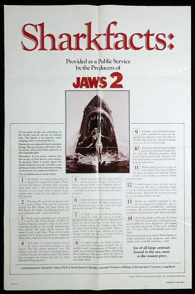 JAWS 2 SHARKFACTS Original One sheet Movie Poster Roy Scheider Lorraine Gary