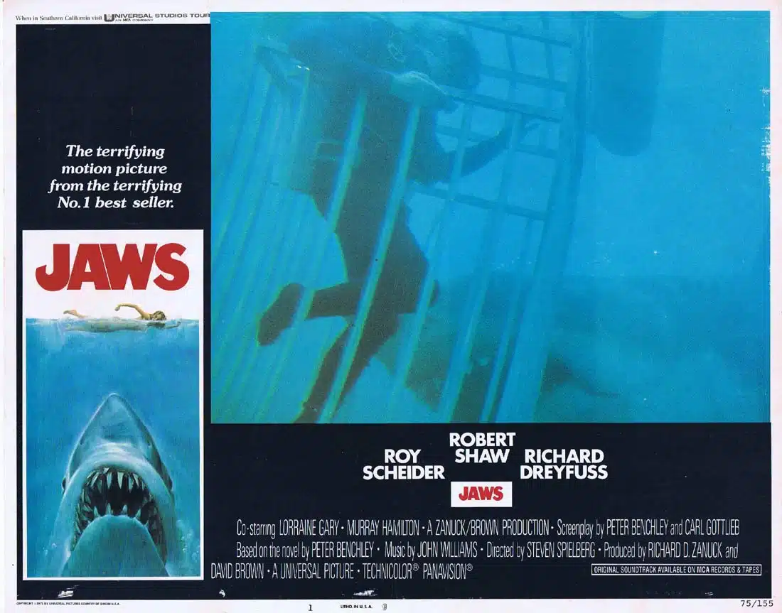 JAWS Original US INT Lobby Card 1 Roy Scheider Richard Dreyfuss Great White Shark