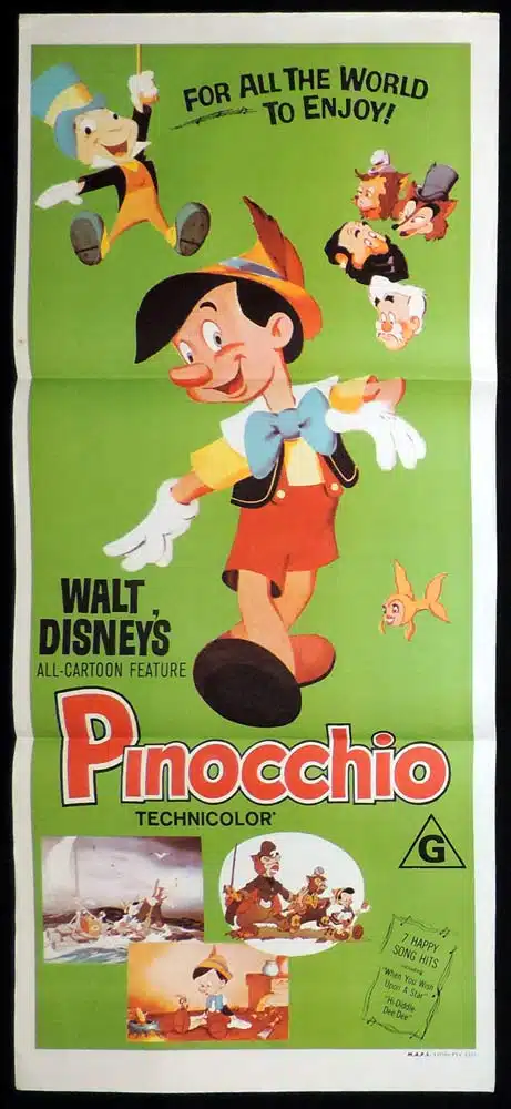 PINOCCHIO Original 70sr Daybill Movie Poster Disney Green Style