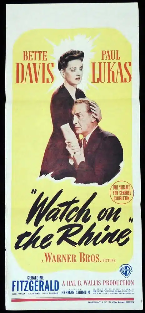 WATCH ON THE RHINE Original Daybill Movie Poster Bette Davis Paul Lukas Marchant