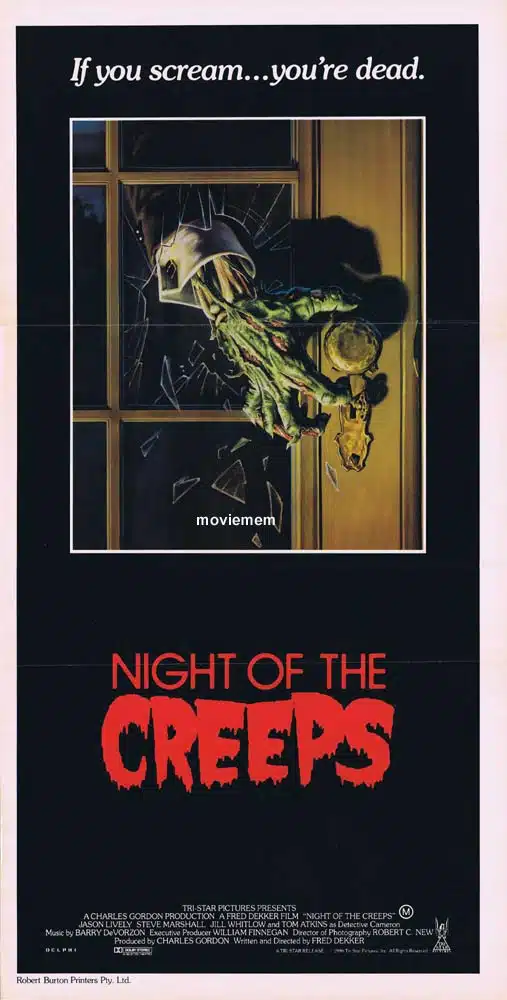 NIGHT OF THE CREEPS Rare Daybill Movie Poster Jason Lively Tom Atkins Horror