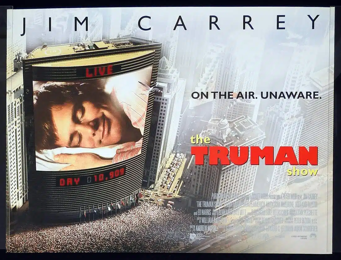 THE TRUMAN SHOW Original DS British Quad Movie Poster Jim Carrey Laura Linney