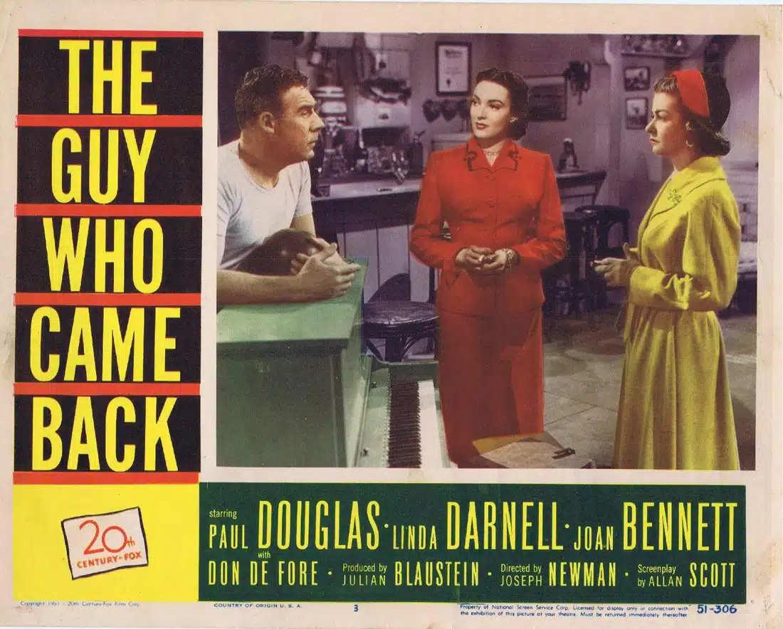 THE GUY WHO CAME BACK Original Lobby Card 3 Paul Douglas Joan Bennett Linda Darnell
