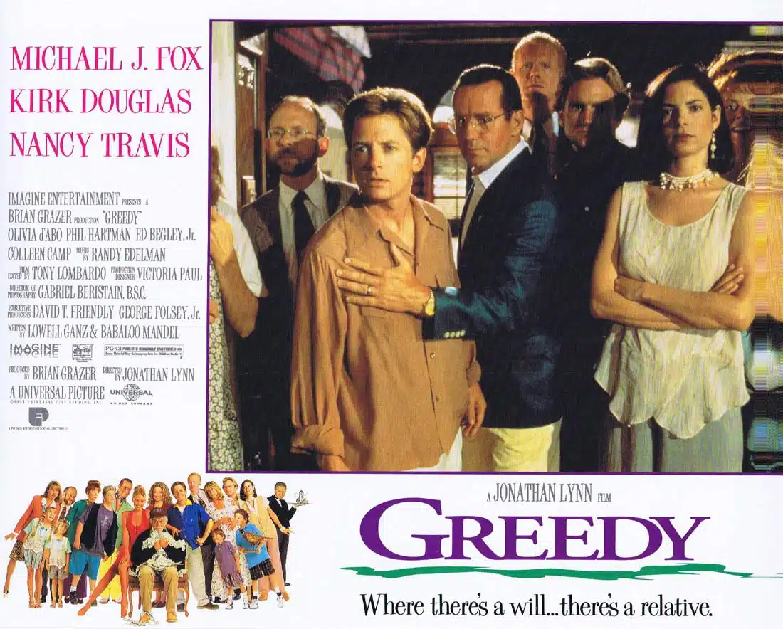 GREEDY Original Lobby Card 2 Michael J. Fox Olivia d’Abo Kirk Douglas