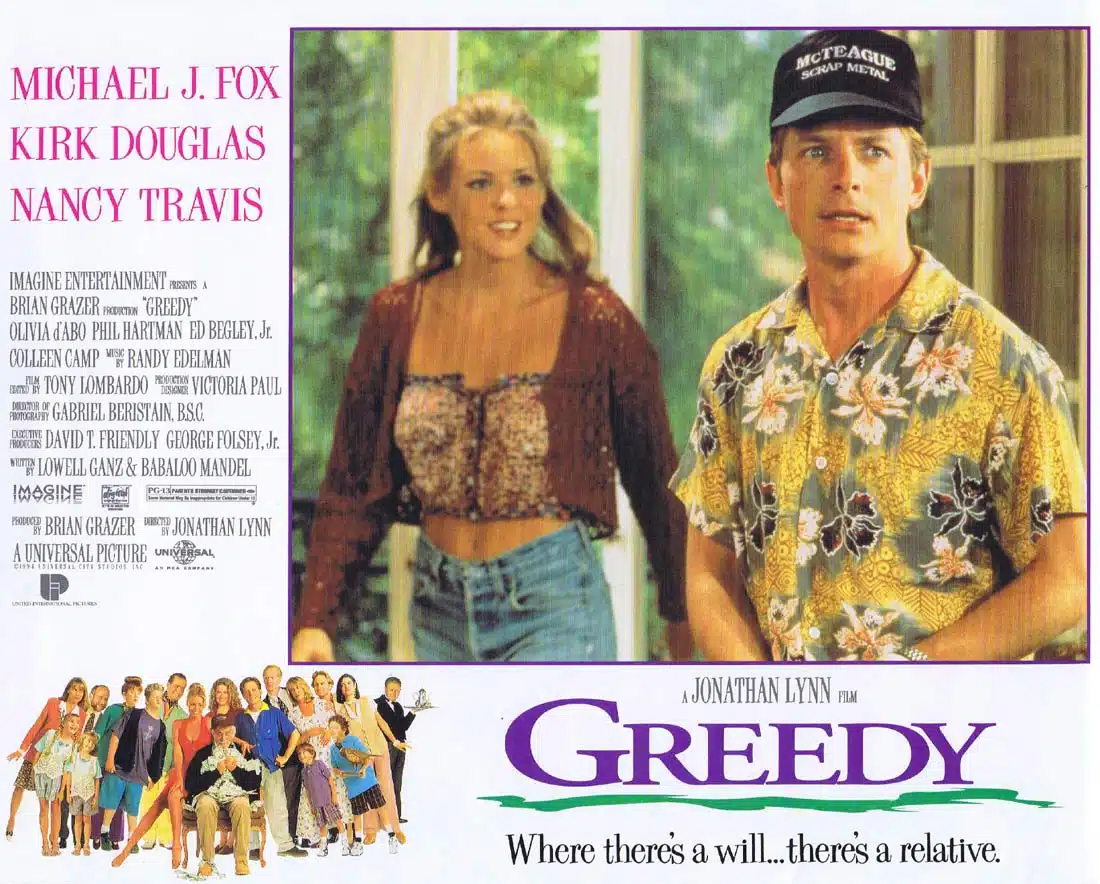 GREEDY Original Lobby Card 3 Michael J. Fox Olivia d’Abo Kirk Douglas