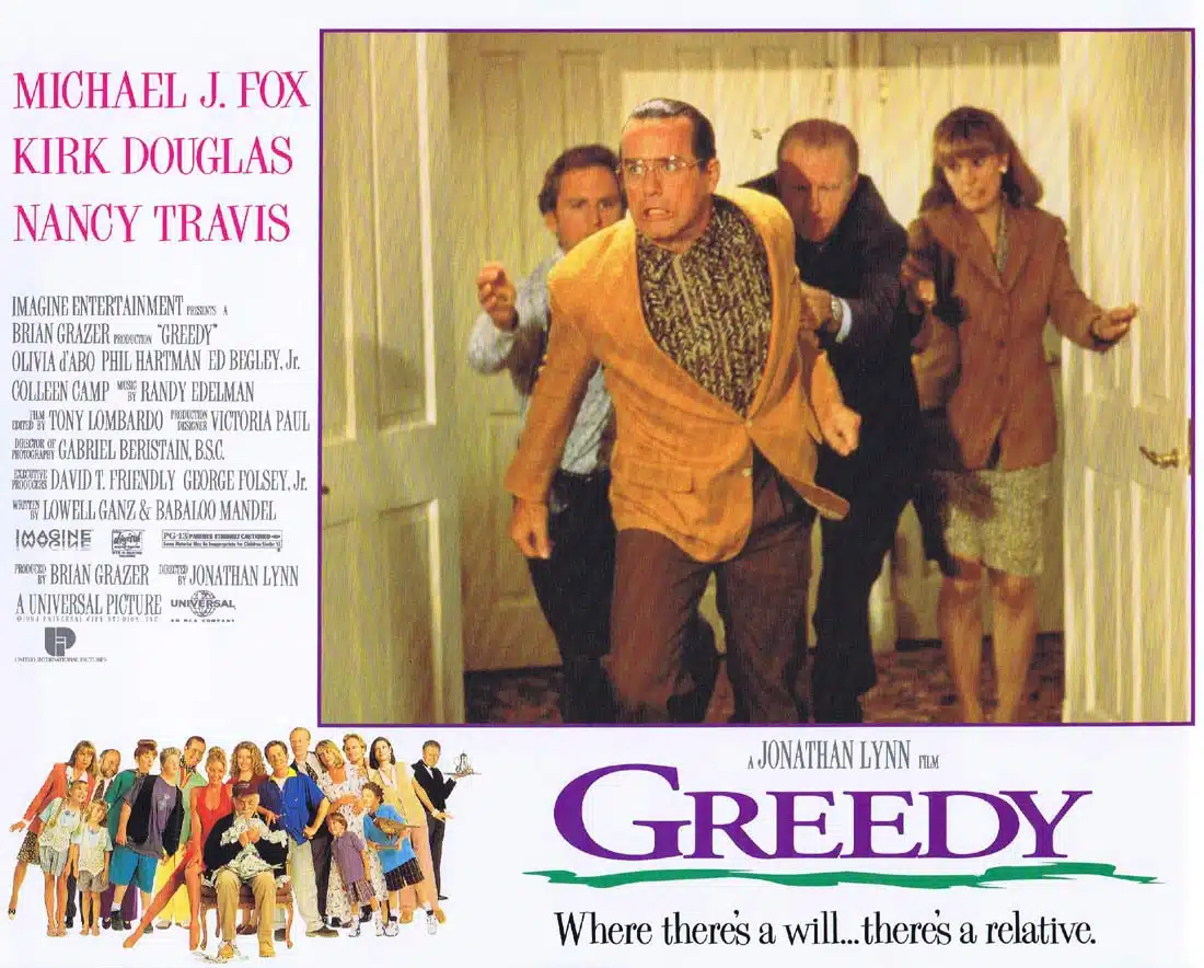 GREEDY Original Lobby Card 4 Michael J. Fox Olivia d’Abo Kirk Douglas