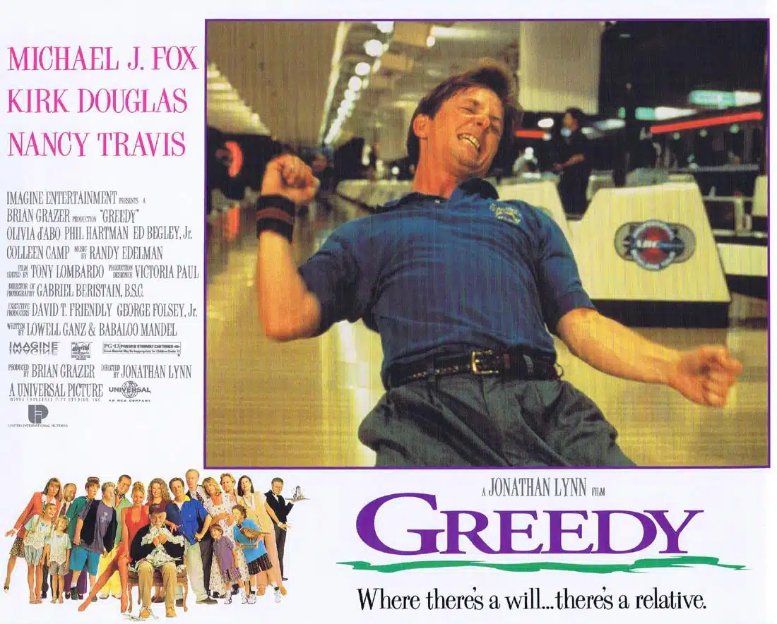 GREEDY Original Lobby Card 5 Michael J. Fox Olivia d’Abo Kirk Douglas