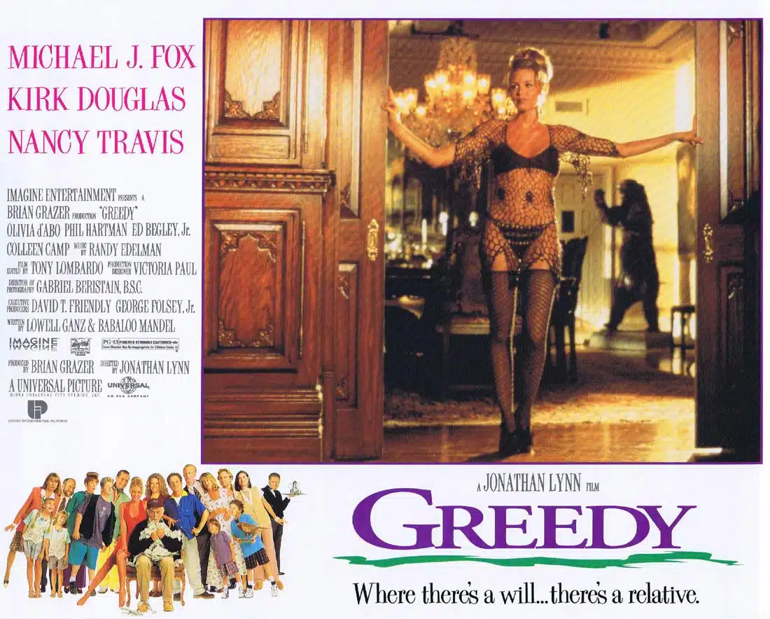 GREEDY Original Lobby Card 6 Michael J. Fox Olivia d’Abo Kirk Douglas
