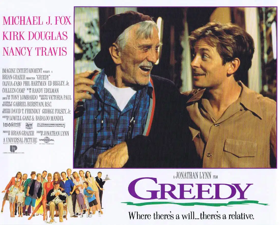 GREEDY Original Lobby Card 7 Michael J. Fox Olivia d’Abo Kirk Douglas