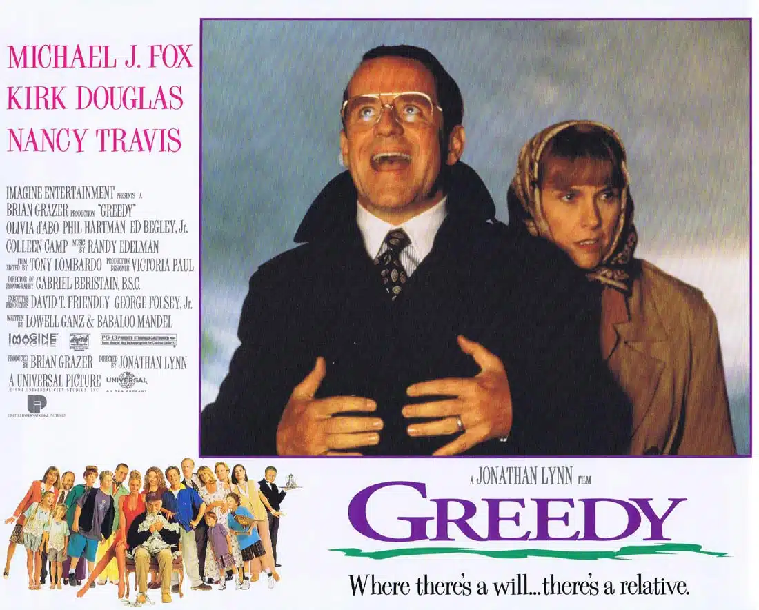 GREEDY Original Lobby Card 8 Michael J. Fox Olivia d’Abo Kirk Douglas