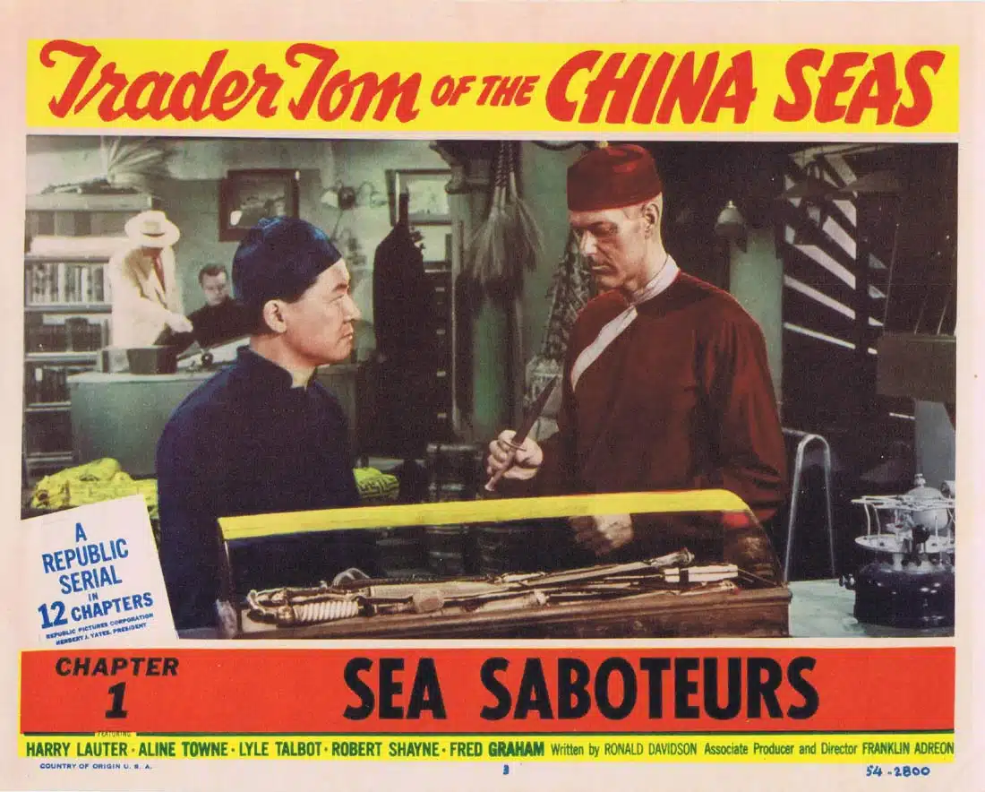 TRADER TOM OF THE CHINA SEAS Original Lobby Card 3 Republic Serial Chapt 1 Harry Lauter Aline Towne
