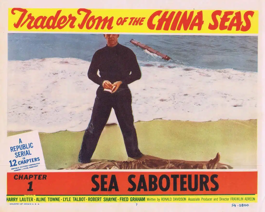 TRADER TOM OF THE CHINA SEAS Original Lobby Card 7 Republic Serial Chapt 1 Harry Lauter Aline Towne