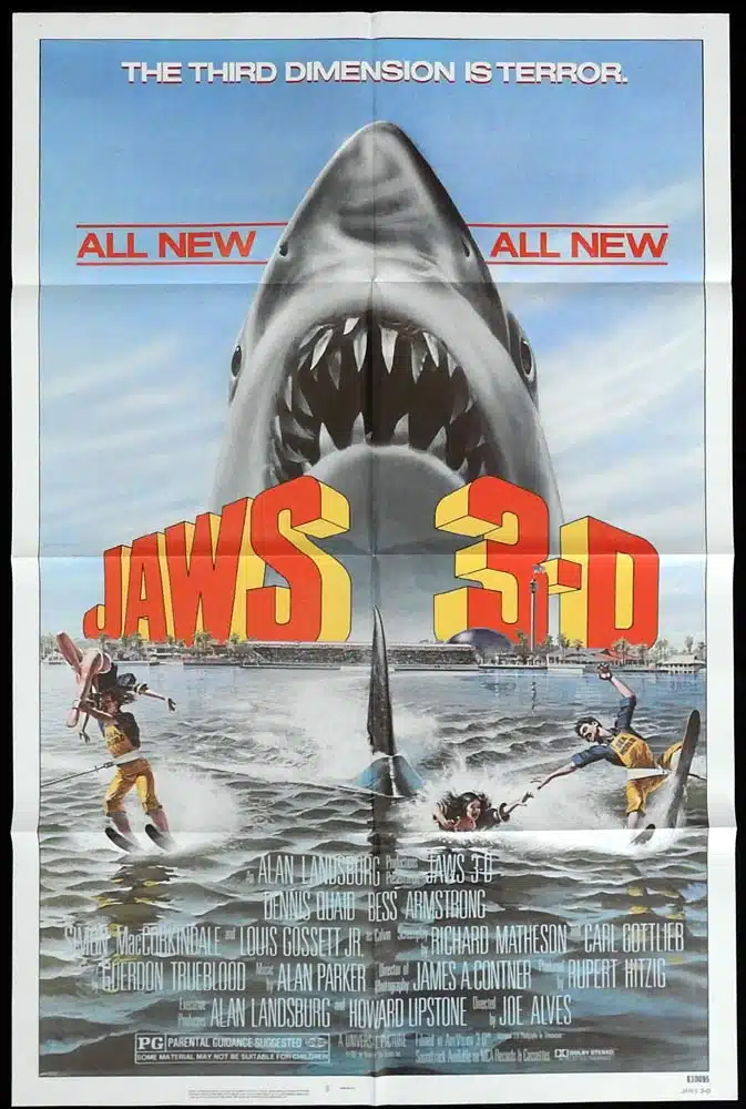JAWS 3-D Original One sheet Movie poster Dennis Quaid Shark