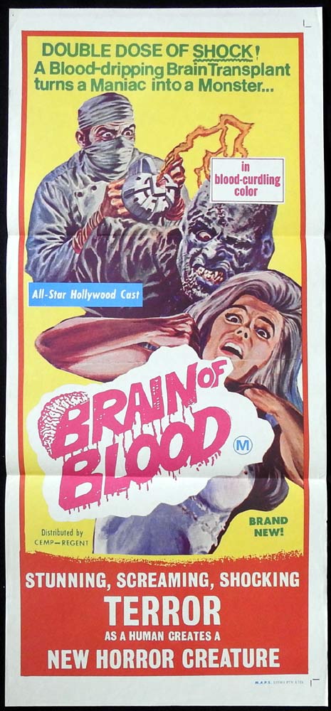 BRAIN OF BLOOD Original Daybill Movie poster Grant Williams Horror Slasher