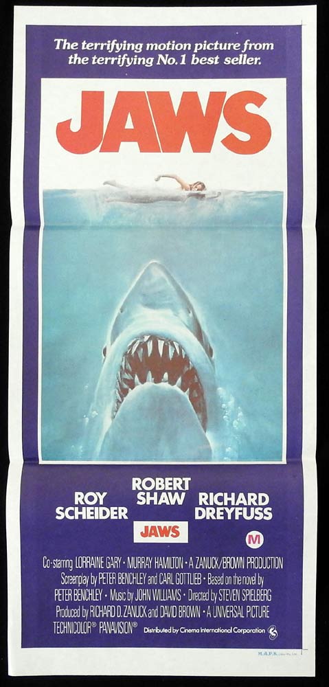 JAWS Original Daybill Movie poster Roy Scheider Robert Shaw