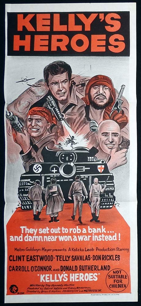 KELLY’S HEROES Original Orange Style 60s Daybill Movie poster Clint Eastwood Telly Savalas