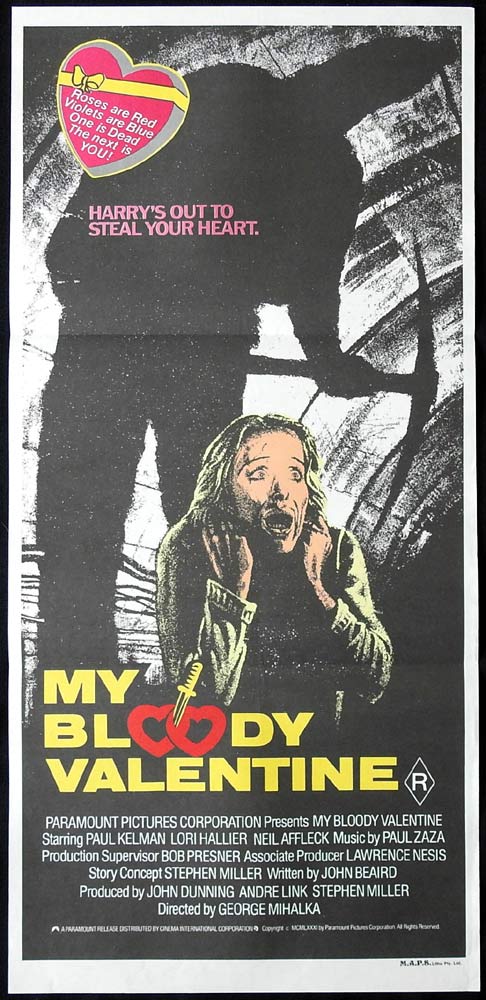 MY BLOODY VALENTINE Original Daybill Movie poster Paul Kelman Horror Slasher