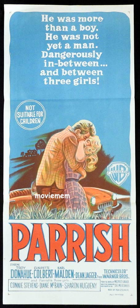 PARRISH Original Daybill Movie poster Troy Donahue Claudette Colbert