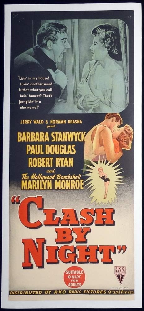 CLASH BY NIGHT Linen Backed daybill Movie poster Barbara Stanwyck Marilyn Monroe